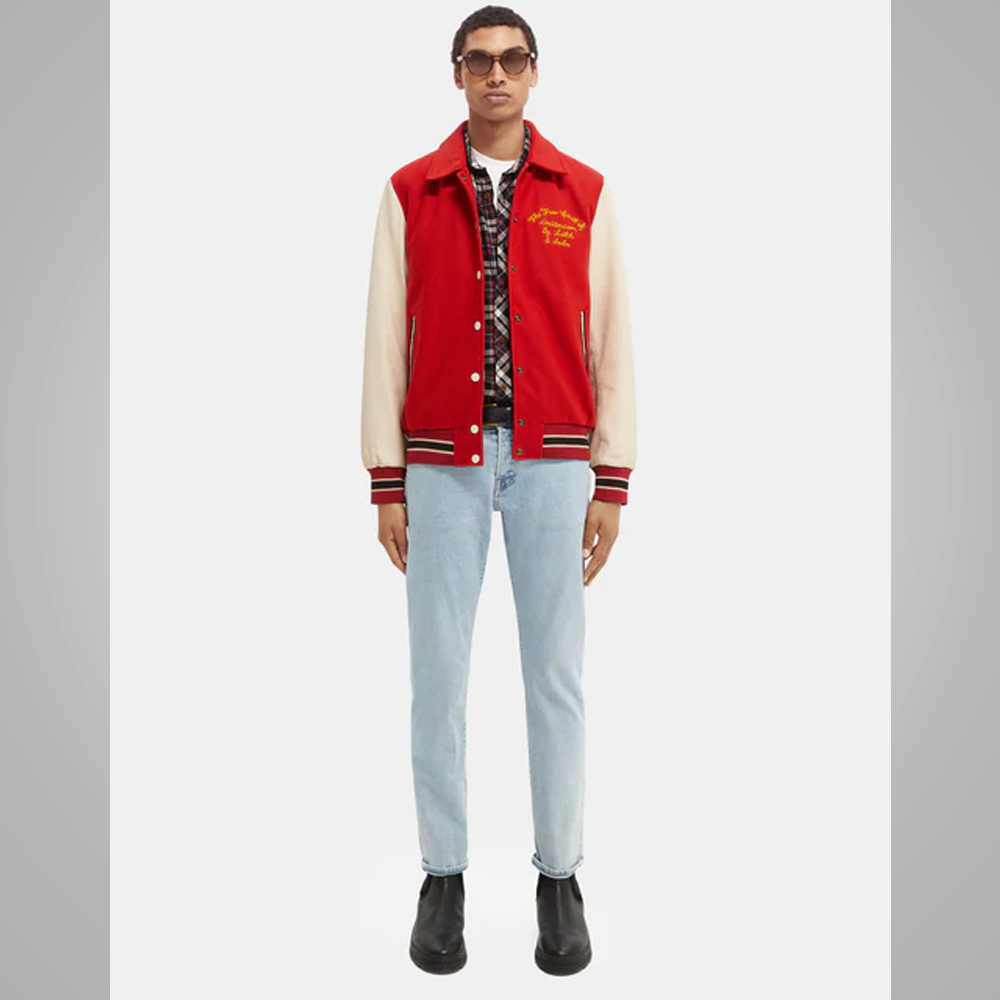 Red Varsity Letterman Jacket with Cream Sleeves