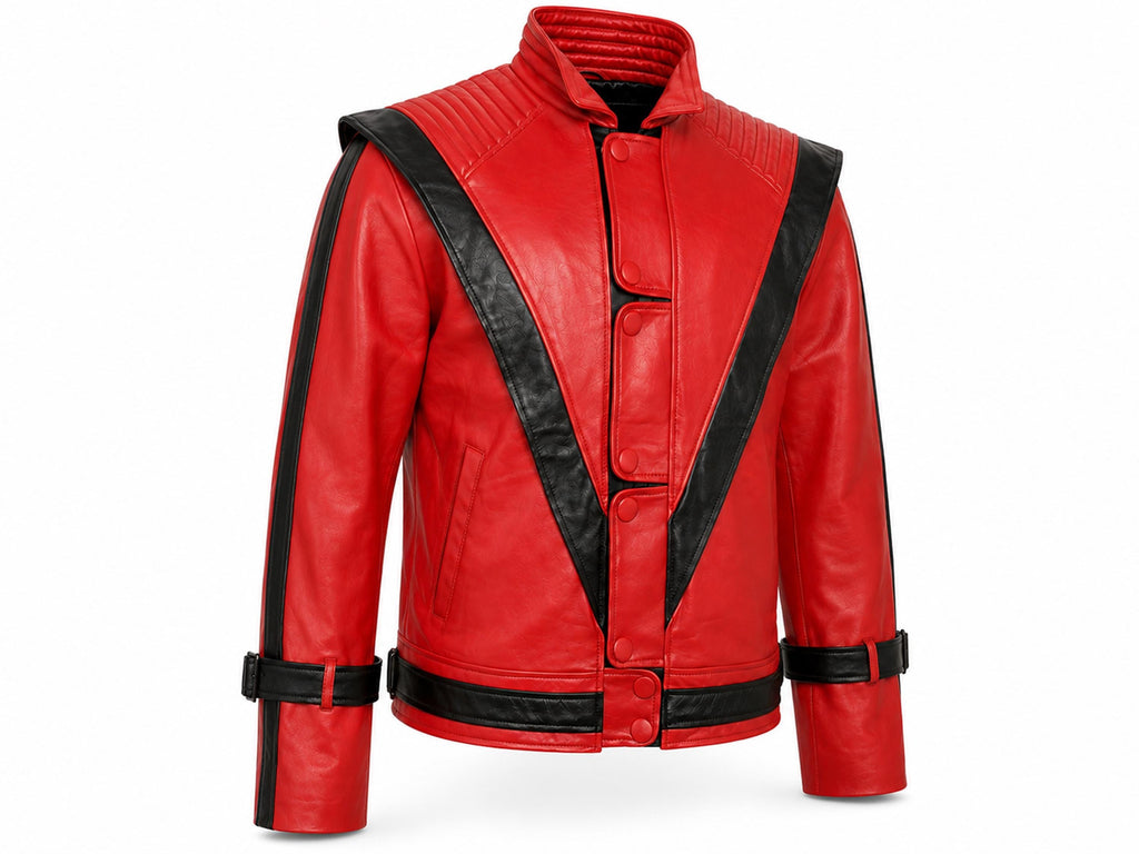 Angled front view of red sheepskin Thriller jacket