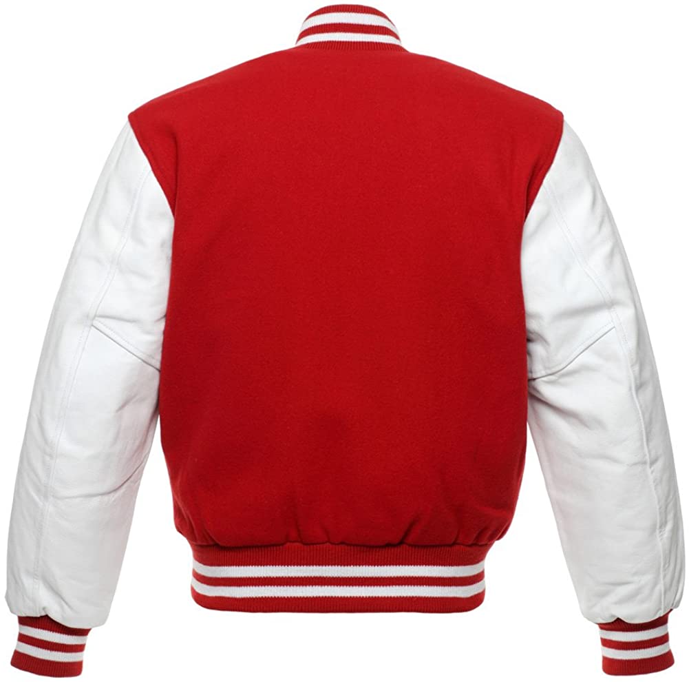 Varsity Letterman Baseball Bomber Retro Vintage Jacket Red Wool White Genuine Leather Sleeves - Shearling leather