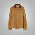 Women's Camel Suede Shearling With Classic Flap Pockets Leather Shirt