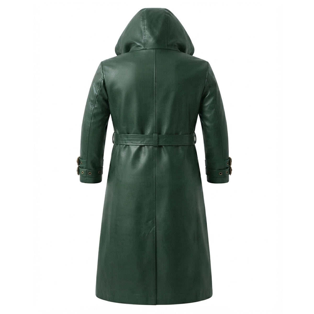 A dark green hooded trench coat with a matching waist belt, shown from the back on a plain white background.