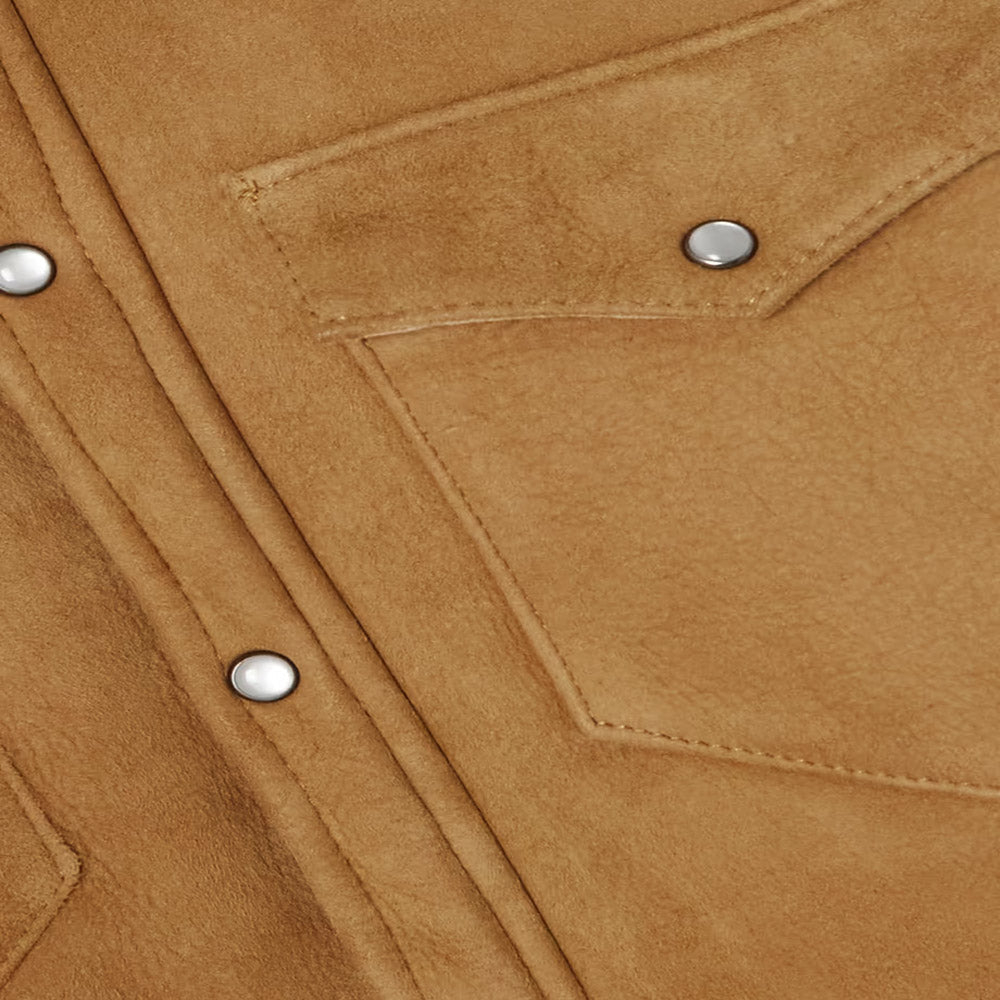 Women's Camel Suede Shearling With Classic Flap Pockets Leather Shirt