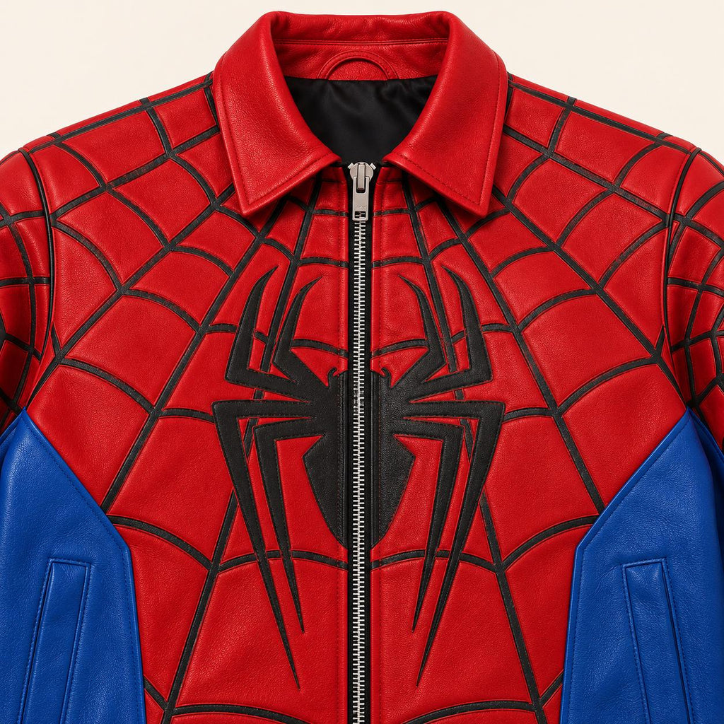 Raised black web pattern and front spider emblem on leather jacket