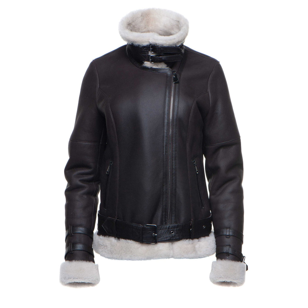 Jayne's Sheepskin Brown Biker Shearling Jacket - Shearling leather