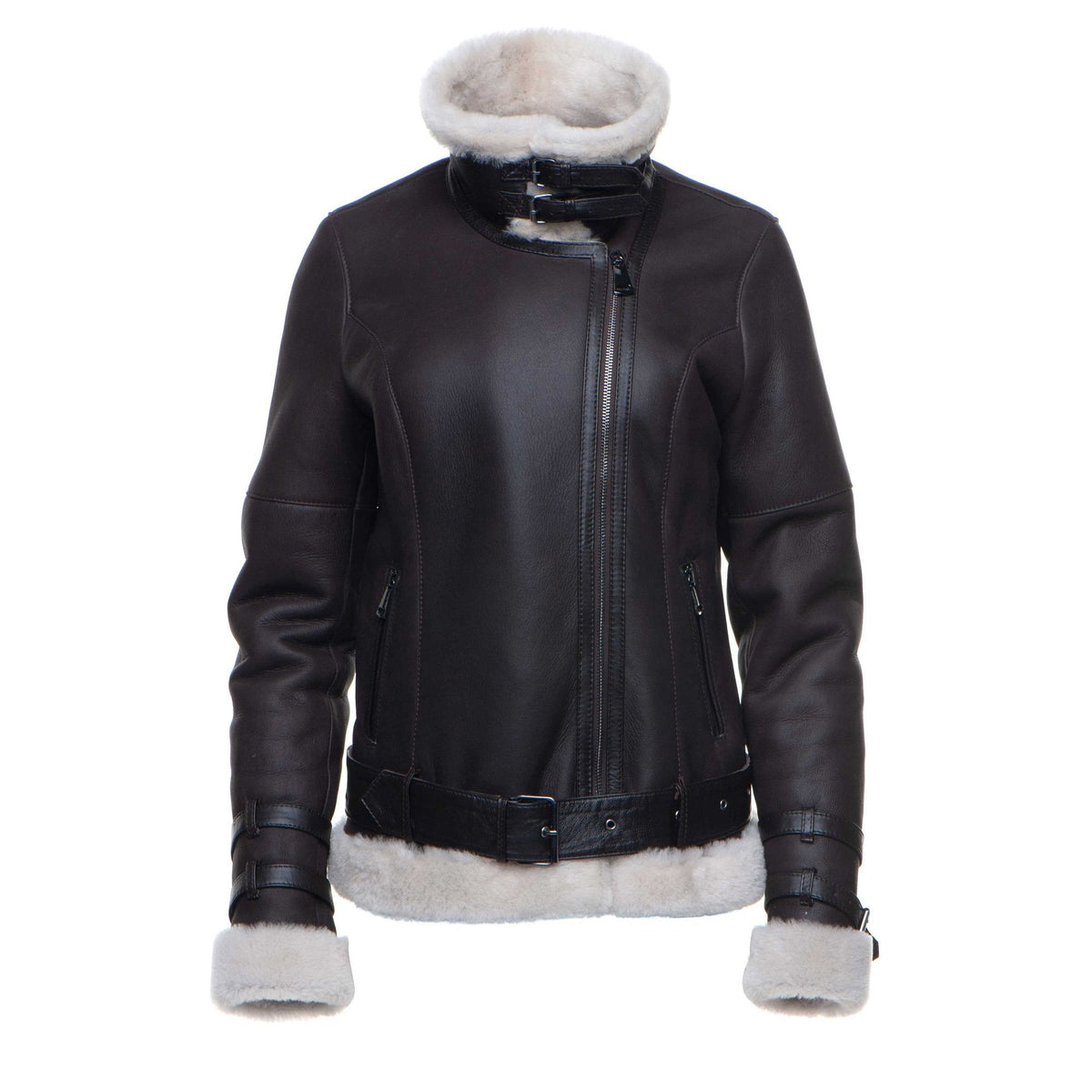 Jayne's Sheepskin Brown Biker Shearling Jacket - Shearling leather