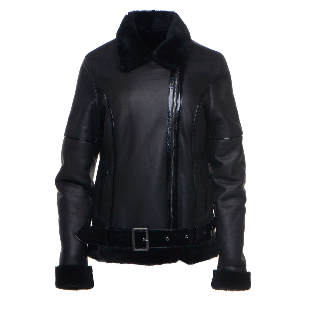 Tasha's Black Sheepskin Shearling B-3 Bomber Style Jacket - Shearling leather