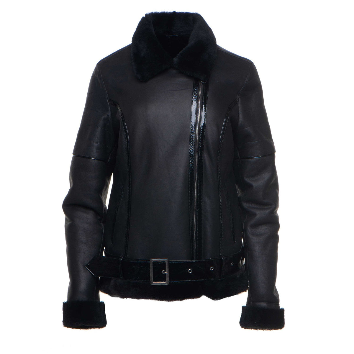 Tasha's Black Sheepskin Shearling B-3 Bomber Style Jacket - Shearling leather