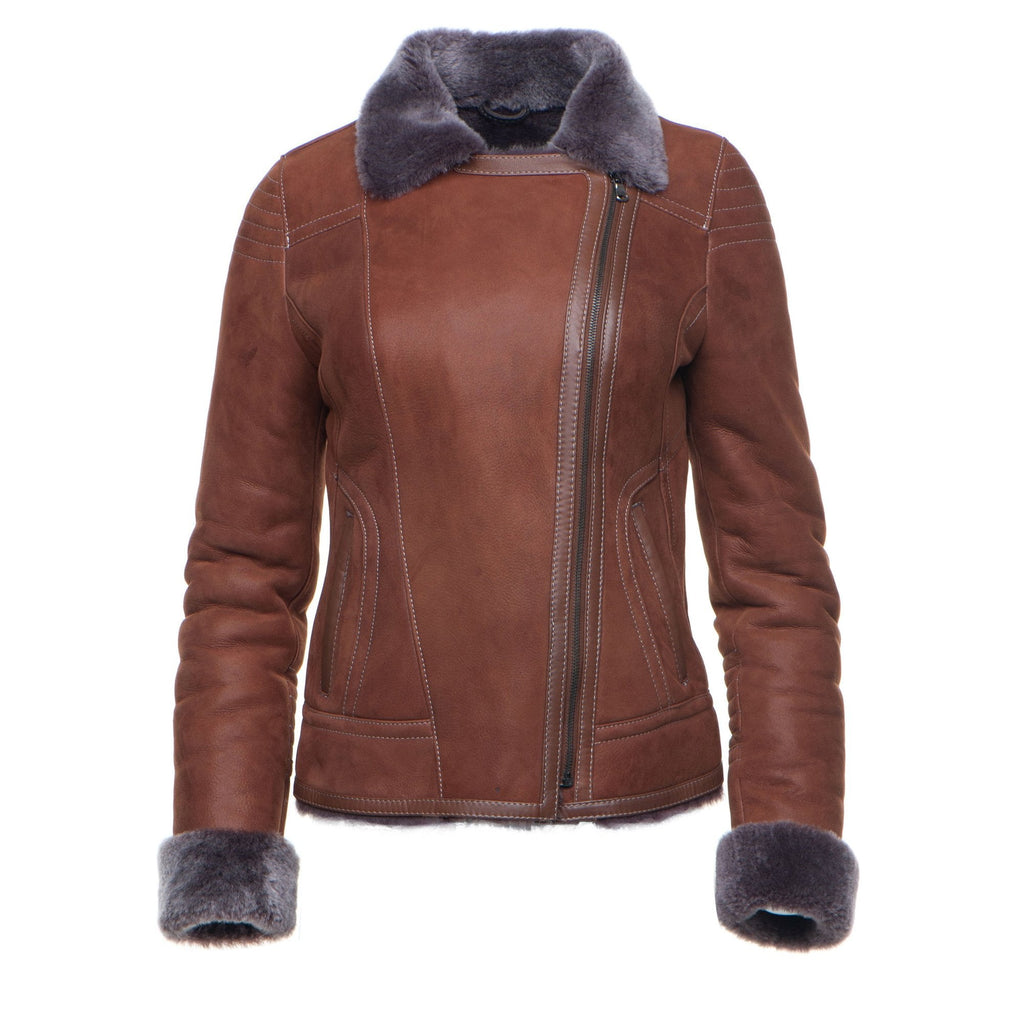 Reyna's Tan Sheepskin Shearling B-3 Bomber Style Jacket - Shearling leather