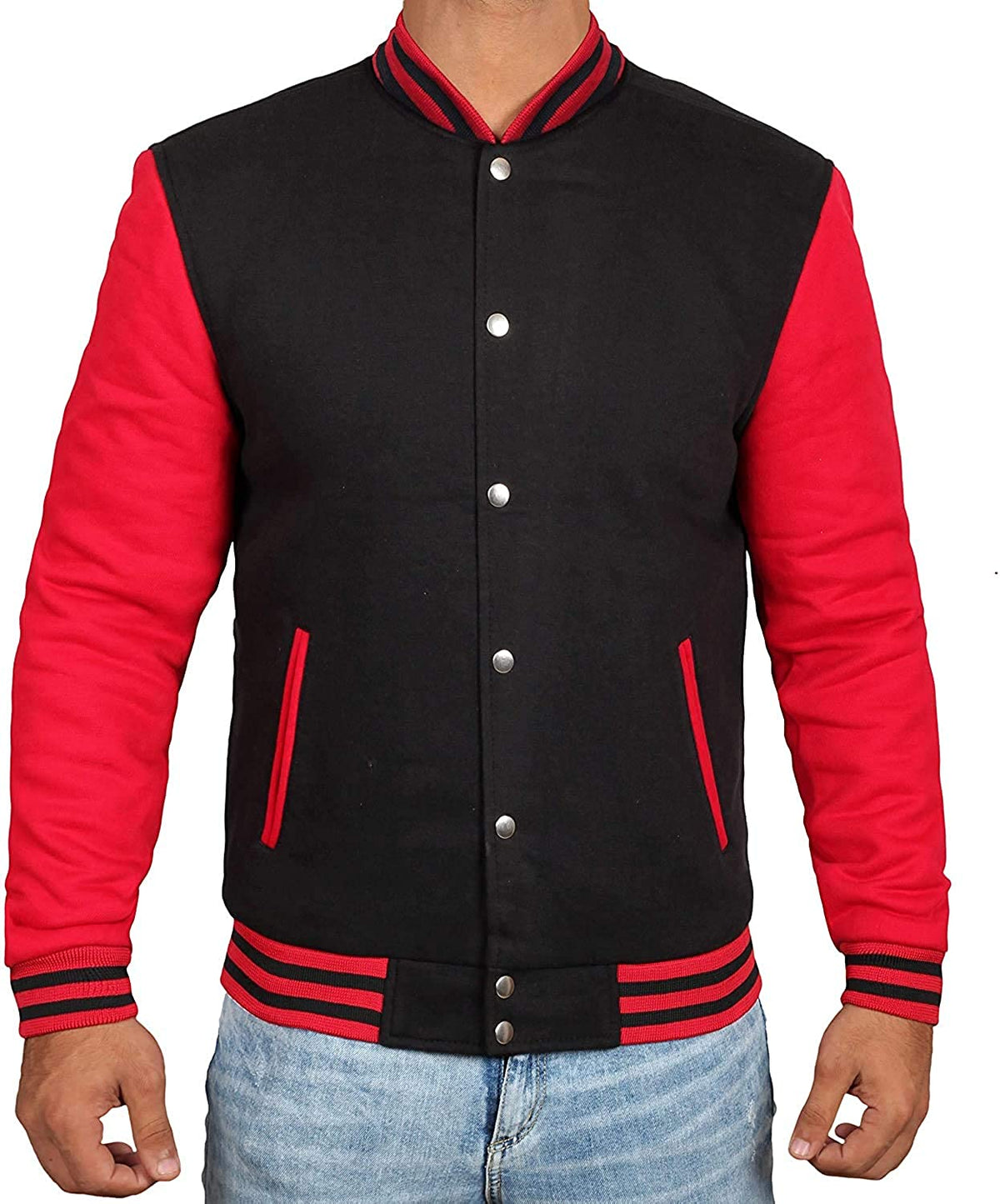 Mens Letterman jacket - Varsity Baseball Men Bomber Jackets With Red Sleeves - Shearling leather