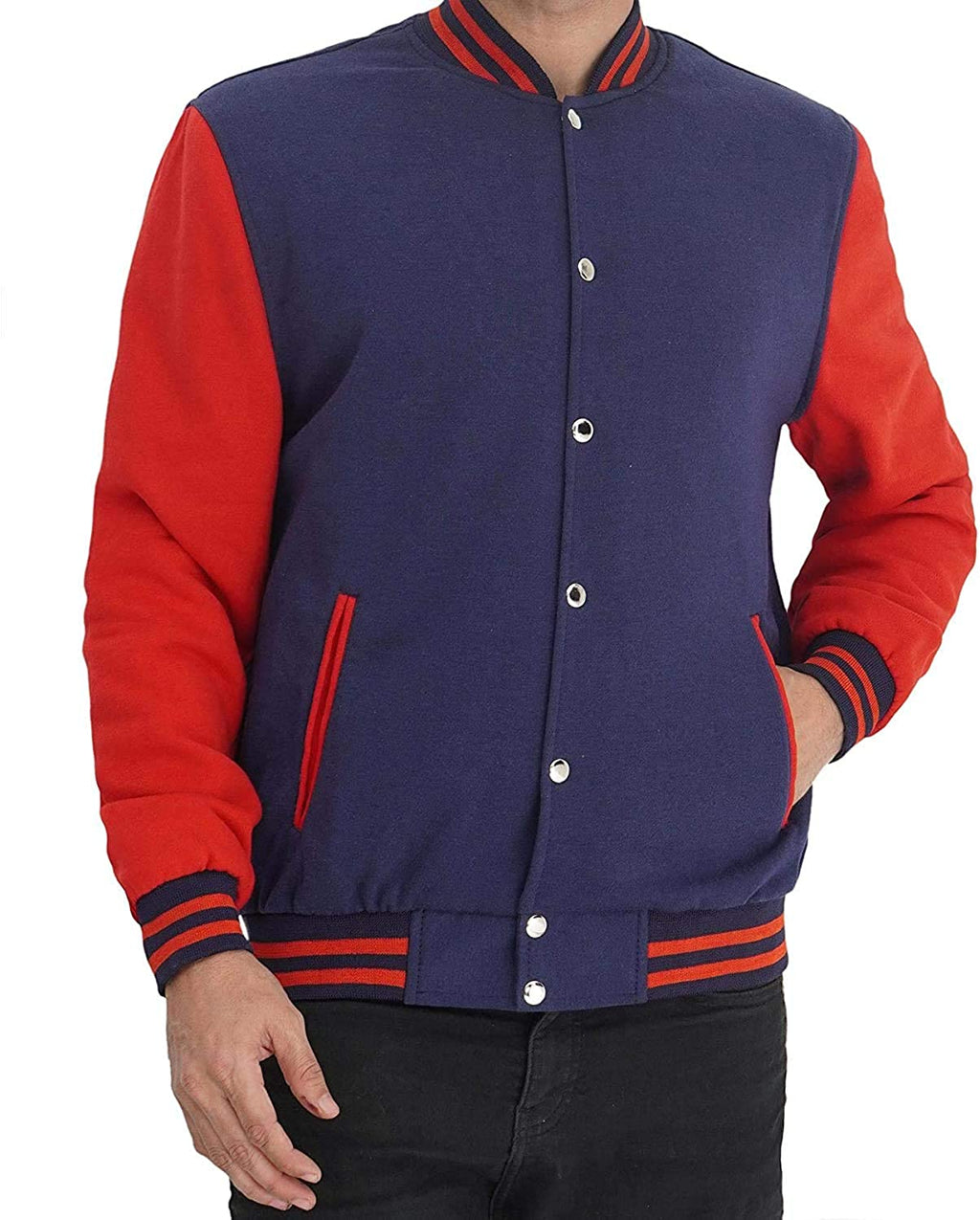 Mens Letterman jacket - Varsity Baseball Men Bomber Jackets With Red Sleeves - Shearling leather