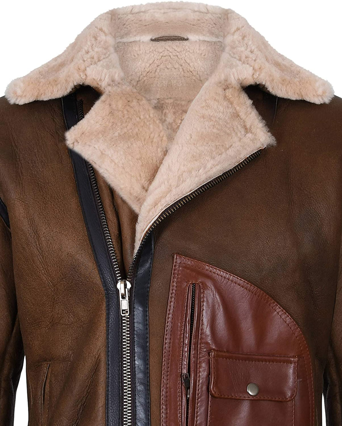 Mens Brown Crossover B3 Sheepskin Aviator Flying Leather Biker Jacket - Shearling leather
