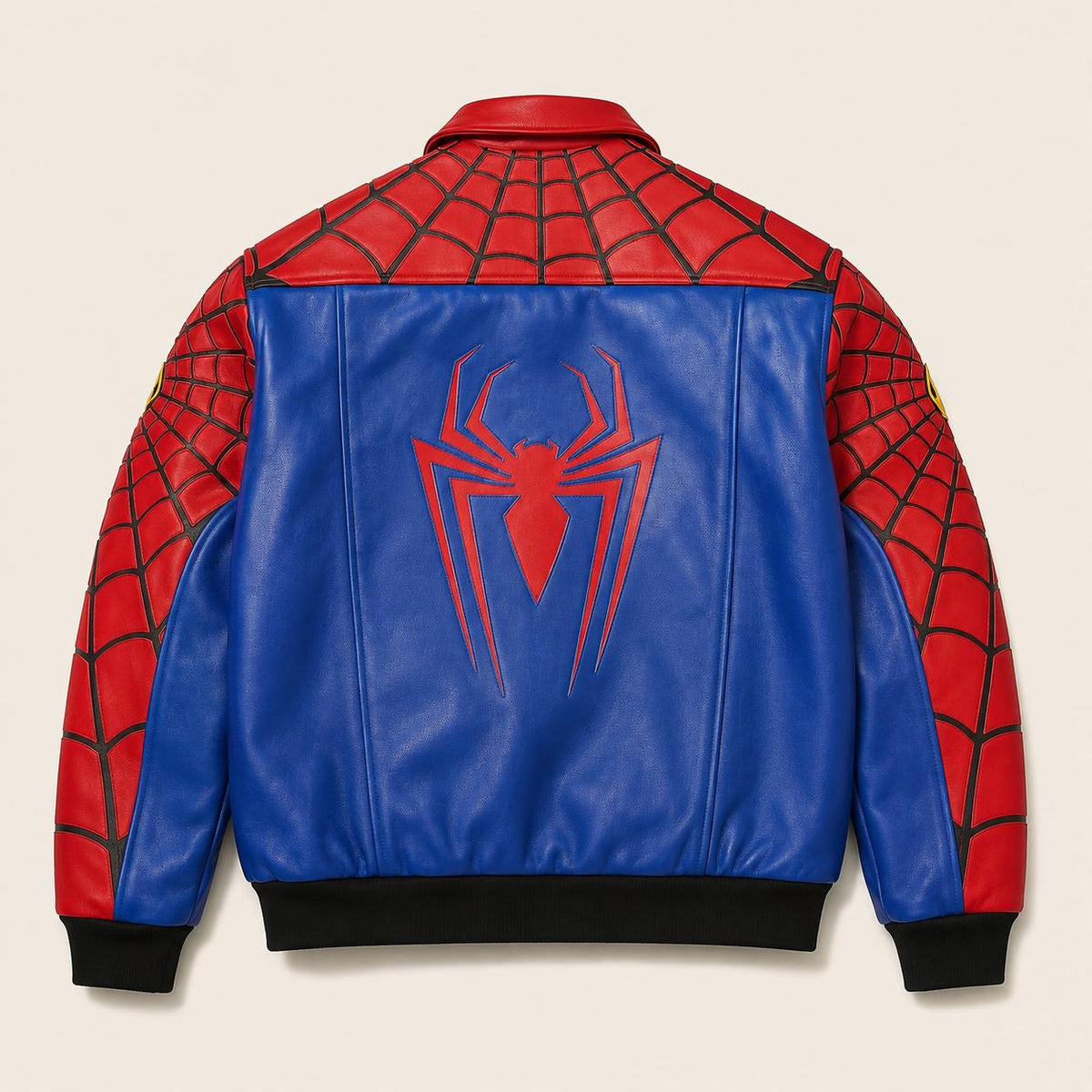 Back of Spider-Man leather jacket with red spider emblem