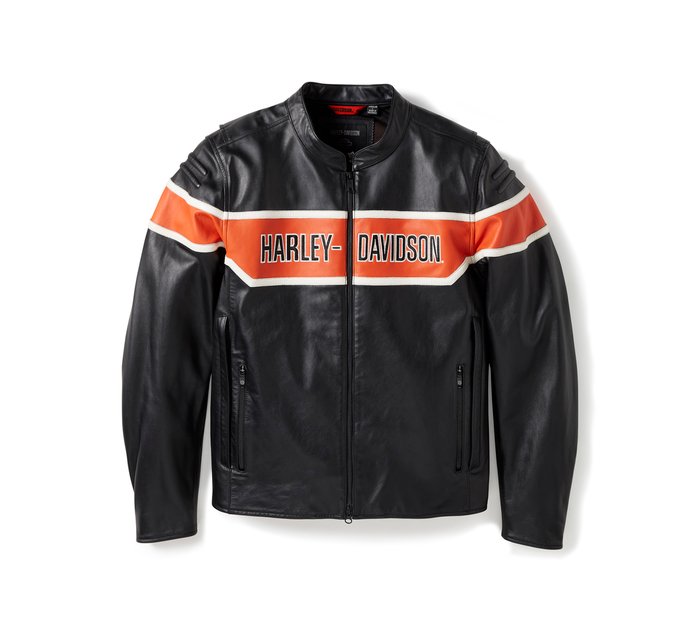 Black leather jacket with orange and white stripes featuring Harley-Davidson logo 