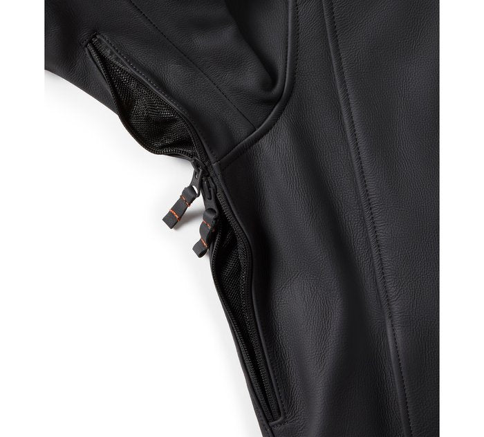 Close-up of a black leather jacket with zippers on a white background
