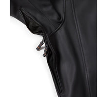 Load image into Gallery viewer, Close-up of a black leather jacket with zippers on a white background

