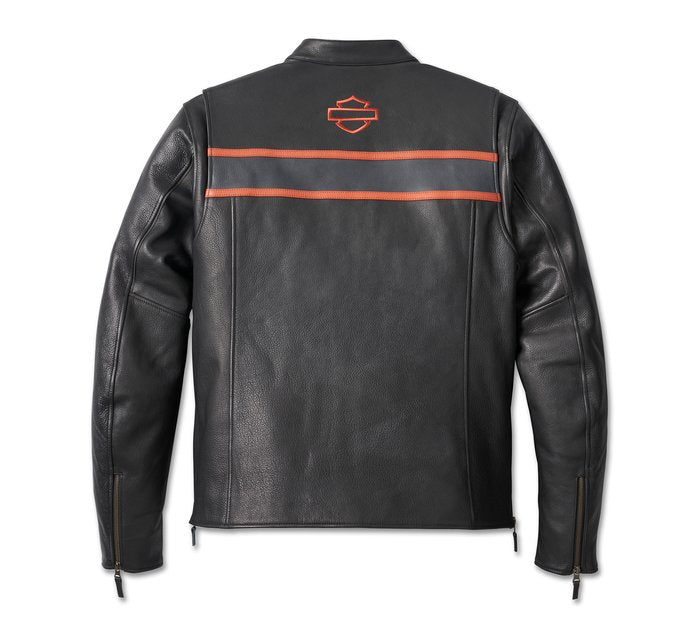 Harley leather jacket with orange stripe and logo on a white background


