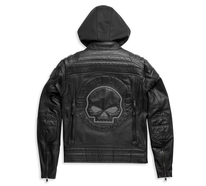 Black leather jacket with a skull emblem on a white background