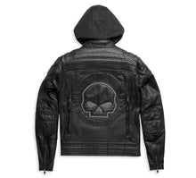 Load image into Gallery viewer, Black leather jacket with a skull emblem on a white background
