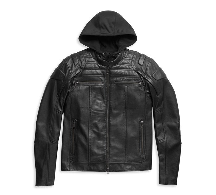 Black leather jacket with a hood on a white background