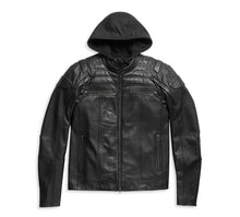 Load image into Gallery viewer, Black leather jacket with a hood on a white background
