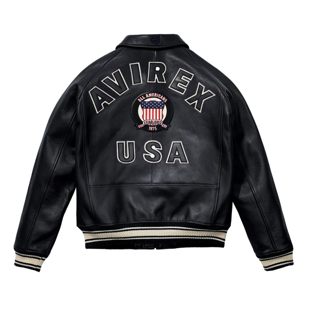 Black leather jacket with 'AVIREX USA' text and logo on a white background