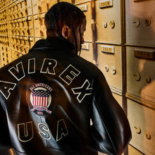 Load image into Gallery viewer, Classic Avirex Jacket – Avirex Varsity Black Leather Jacket with Patch Detail
