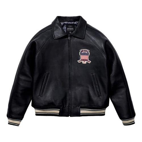 Black leather jacket with a logo on a white background