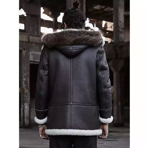 WW2 B3 Bomber Jacket Hooded Fur Real Leather Jacket Shearling Coat Mens Brown