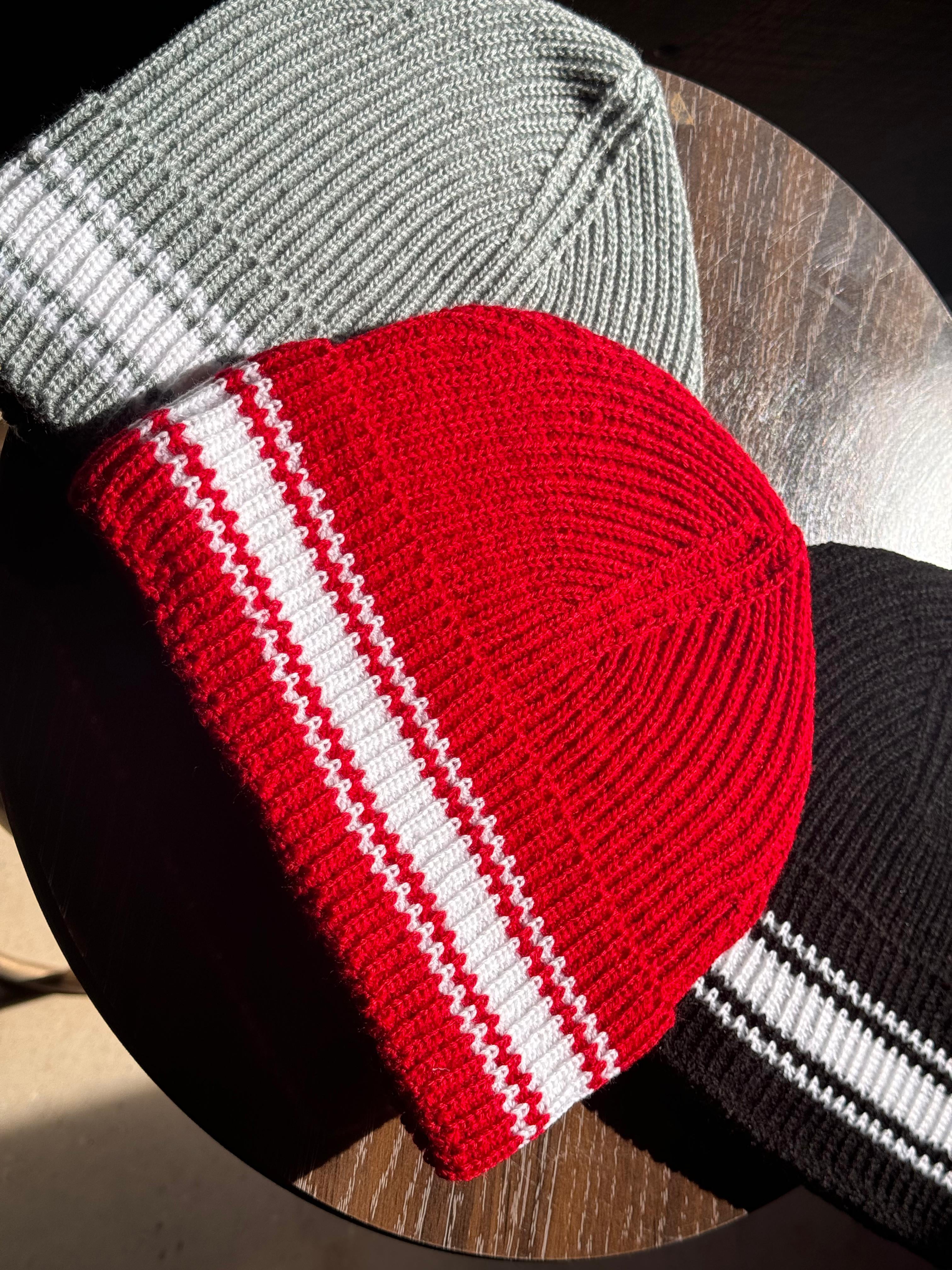 Red Beanie Cap with white stripes