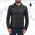 Belted Black Mens Motorcycle Racing Aviator Style Rider Leather Jacket - Shearling leather