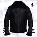 Men Black Biker Shearling Jacket - Shearling leather