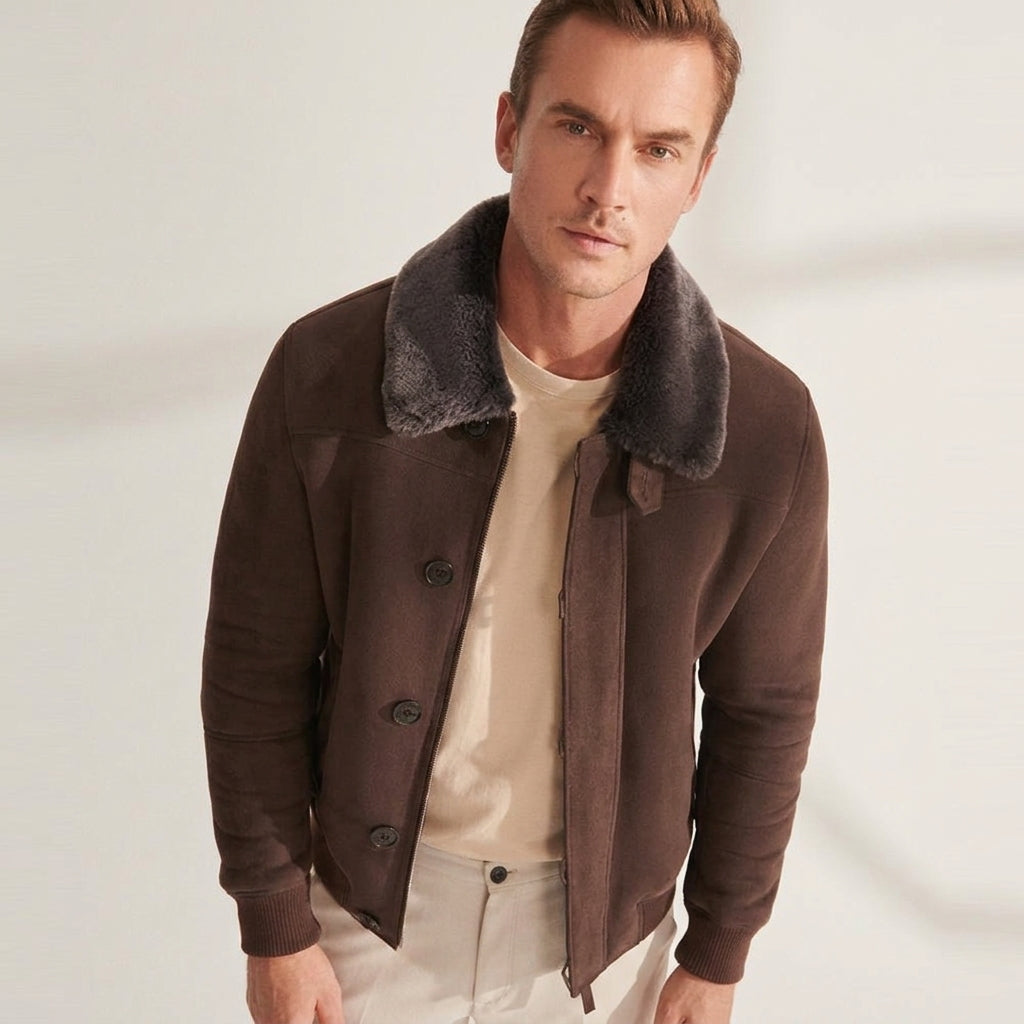 Men’s brown aviator jacket with shearling collar and buttoned storm flap