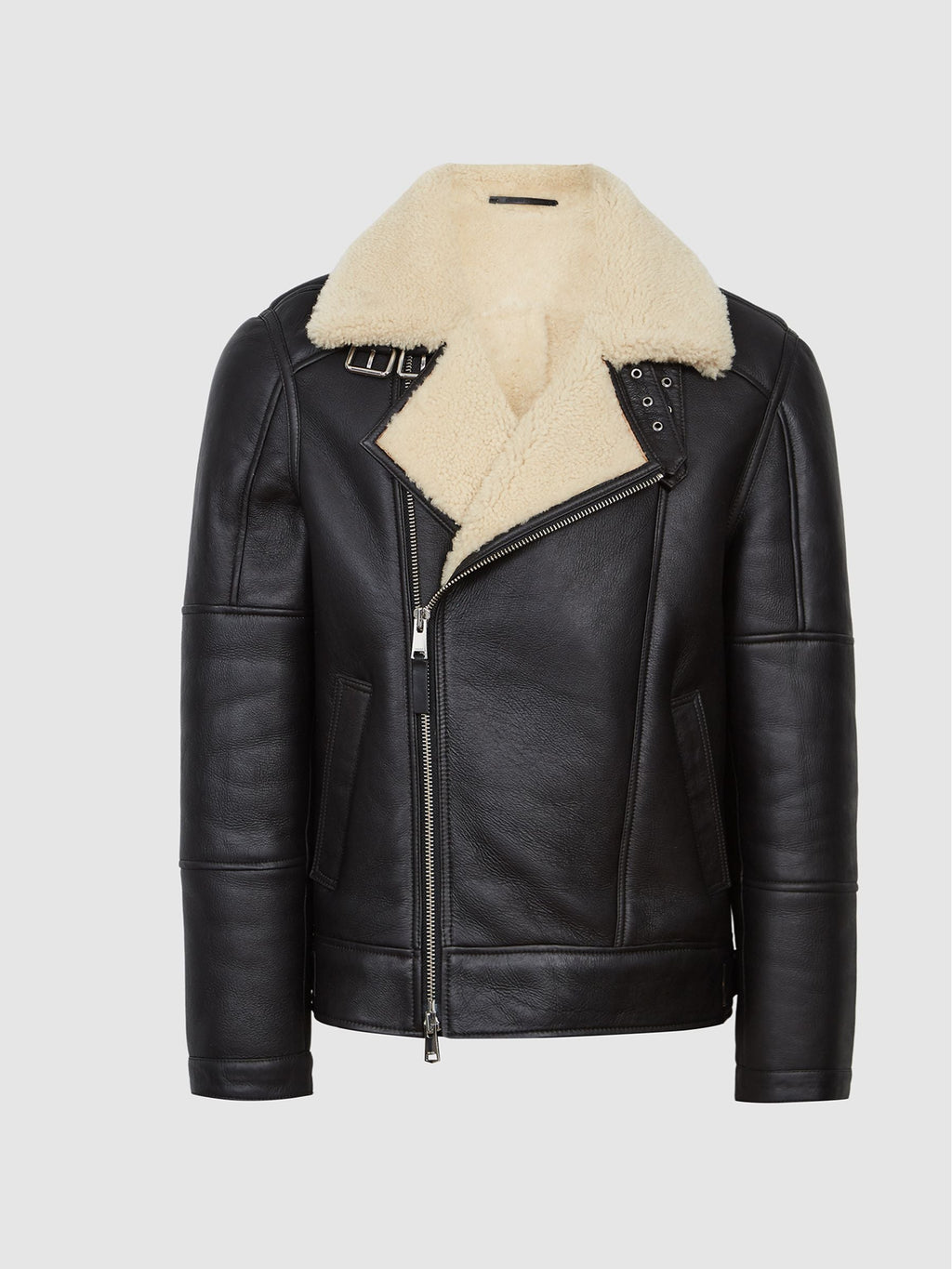 Men’s black sheepskin shearling aviator biker jacket front view with asymmetric YKK zipper and cream lapel collar