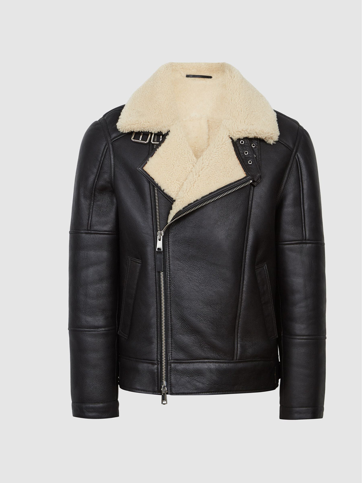 Men’s black sheepskin shearling aviator biker jacket front view with asymmetric YKK zipper and cream lapel collar