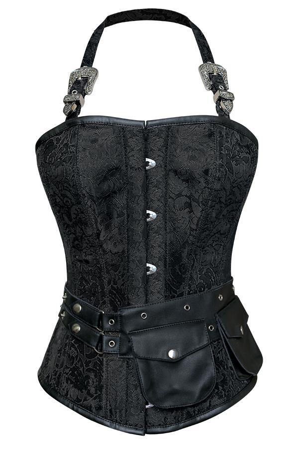 Andrews Black Corset with Strap and Faux Leather Pouch - Shearling leather