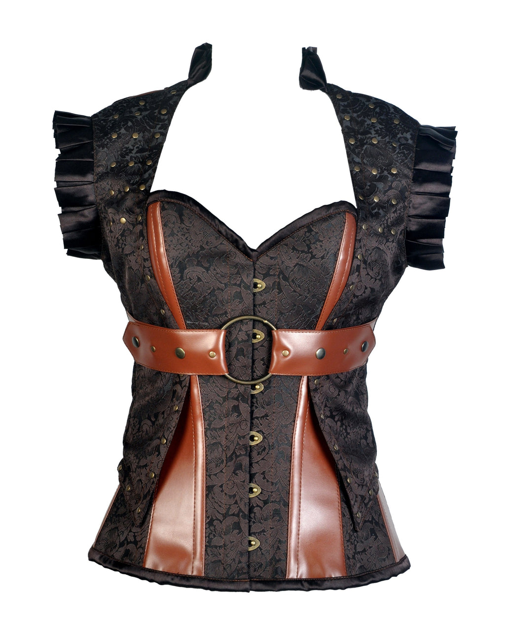 Harry Coffee Brown Brocade & Faux Leather Corset With Jacket - Shearling leather