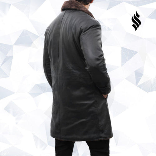 Chandler Mens Shearling Lined Black Leather Trench Coat - Shearling leather