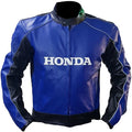 Blue leather jacket with 'Honda' branding on a white background