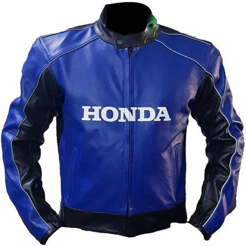 Blue leather jacket with 'Honda' branding on a white background