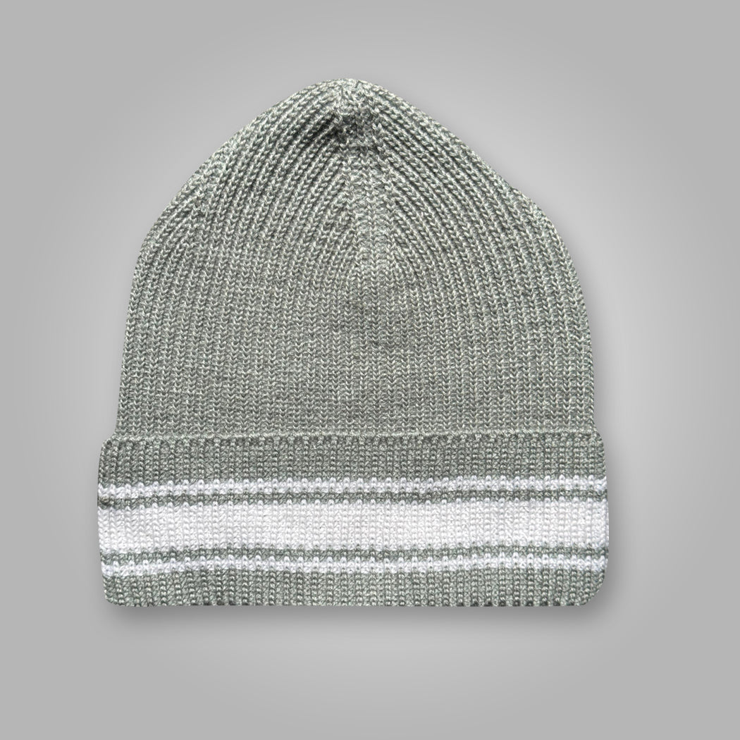 Gray beanie cap with white stripes