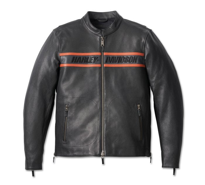 Black Harley leather jacket with orange stripes and Harley-Davidson logo on a jacket

