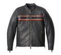 Black Harley leather jacket with orange stripes and Harley-Davidson logo on a jacket

