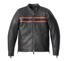 Load image into Gallery viewer, Black Harley leather jacket with orange stripes and Harley-Davidson logo on a jacket



