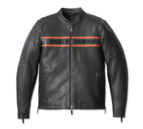 Black Harley leather jacket with orange stripes and Harley-Davidson logo on a jacket

