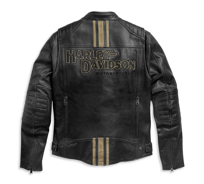 Black leather jacket with Harley-Davidson logo on a white background