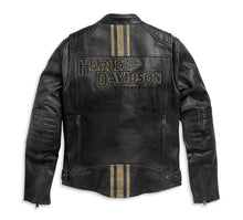 Load image into Gallery viewer, Black leather jacket with Harley-Davidson logo on a white background
