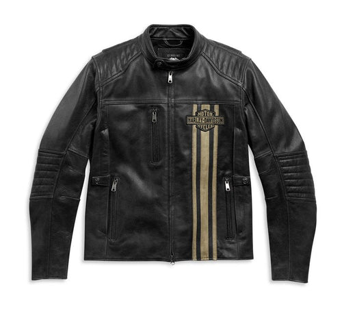 Black leather jacket with a brand logo on a white background
