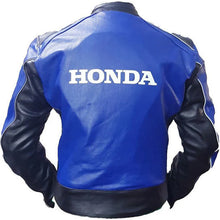 Load image into Gallery viewer, Blue and black leather jacket with &#39;Honda&#39; branding on the back against a white background
