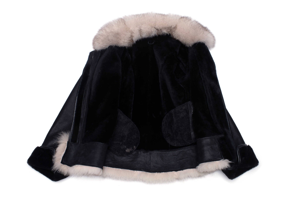 Cecily's Black Shearling Sheepskin Jacket with Fox fur trim - Shearling leather