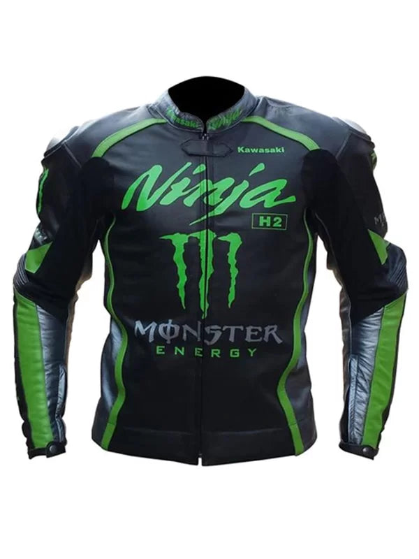Kawasaki Monster Green Motorcycle Racing Cowhide Leather Jacket